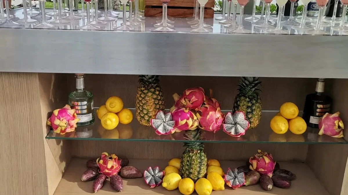 Barra preparada con filas de copas, frutas tropicales, botellas y dos personas detrás.